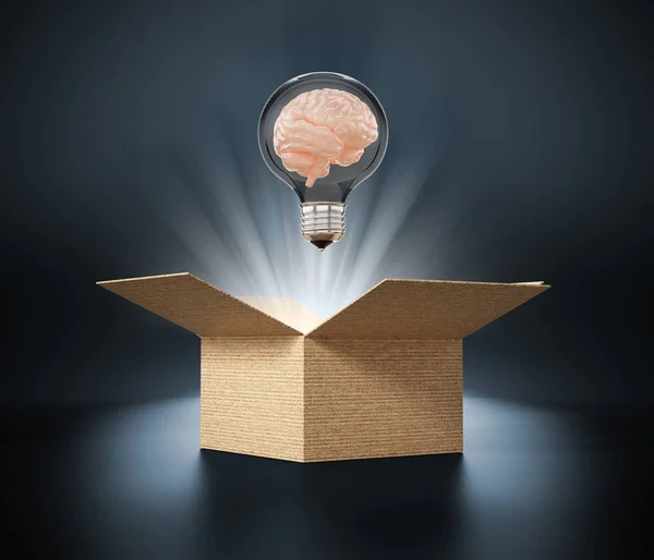 Cervello in lampadina che esce dalla scatola. Illustrazione 3D — Foto Stock