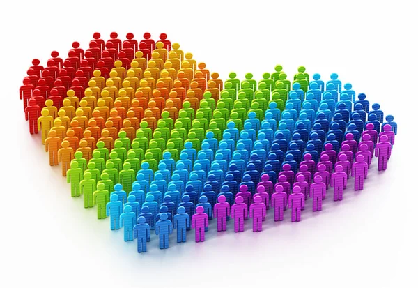 Bandeira do arco-íris coloridas figuras vara formando uma forma de coração. Ilustração 3D — Fotografia de Stock