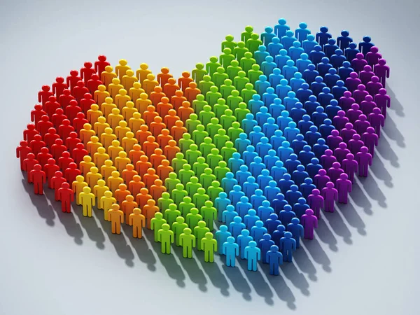 Regenbogenfahne farbige Strichmännchen, die eine Herzform bilden. 3D-Illustration — Stockfoto