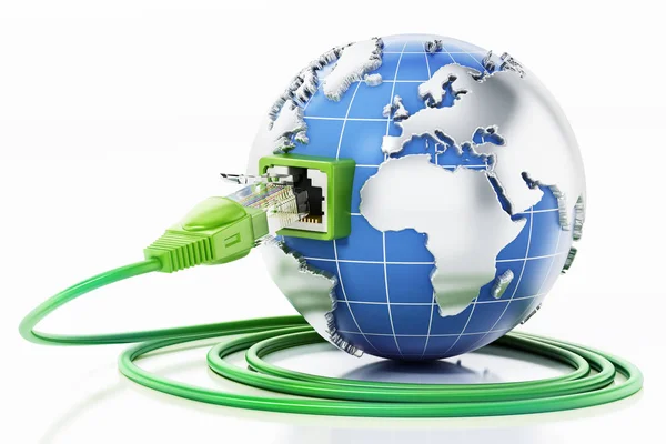 Rj45 plug aangesloten op Blue Globe met wereld kaart. 3D-illustratie — Stockfoto