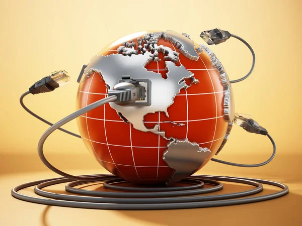 Rj45 plug aangesloten op Blue Globe met wereld kaart. 3D-illustratie — Stockfoto