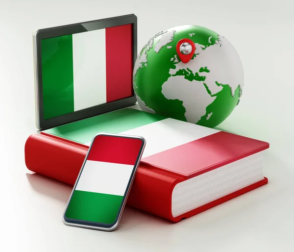 Szótár, smartphone és tabletta PC-val olasz zászló mentén a glóbusz. 3D-illusztráció — Stock Fotó