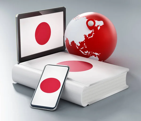 Wörterbuch, Smartphone und Tablet-PC mit japanischer Flagge auf der ganzen Welt. 3D-Illustration — Stockfoto