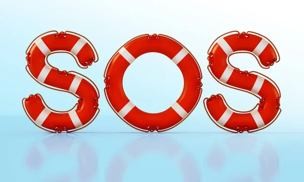 SOS cuvânt cu geamanduri de viață. Ilustrație 3D — Fotografie, imagine de stoc