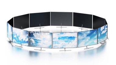 Dairesel şekilde düzenlenmiş modern Tv ekranları duvarı. 3d illüstrasyon