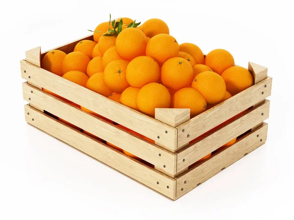 Čerstvé, čerstvě sklizené pomeranče uvnitř dřevěné bedny. 3D ilustrace — Stock fotografie