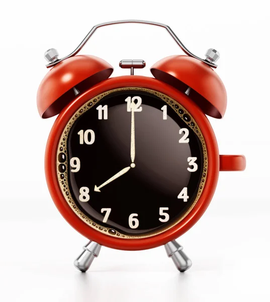 Röd väckarklocka kombinerad till kaffekopp. 3D-illustration — Stockfoto