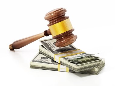 Yargıç dolar yığınları üzerinde tokparat. 3d illüstrasyon