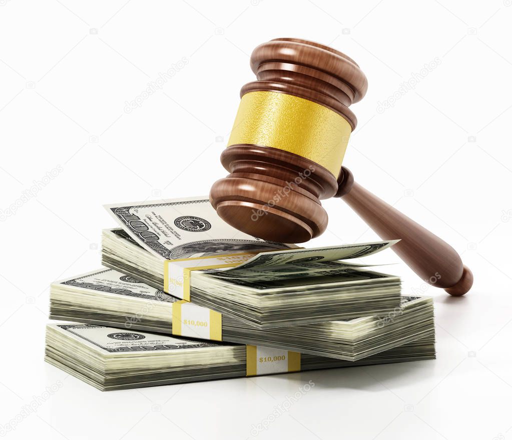 Judge gavel on stacks of dollars. 3D illustration