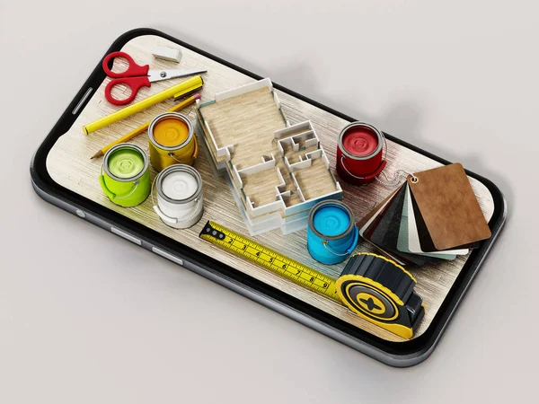 กระป๋องสี, cartelas, มาตรวัดเทปและเครื่องมืออื่น ๆ บนสมาร์ทโฟน รูปแบบ 3 มิติ — ภาพถ่ายสต็อก