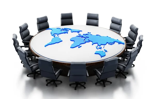 Earth map on table surrounded with seats. 3D rendering — Stock Photo, Image