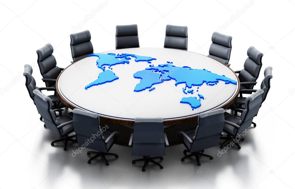 Earth map on table surrounded with seats. 3D rendering