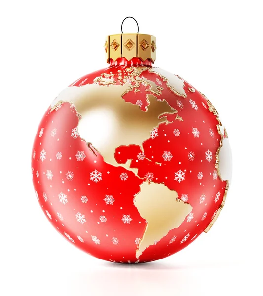 Christmas bawidełko z mapą ziemi na białym tle. Renderowanie 3D — Zdjęcie stockowe