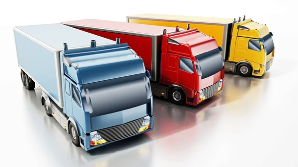 Blaue, rote und gelbe LKW isoliert auf weißem Hintergrund. 3D-Illustration — Stockfoto