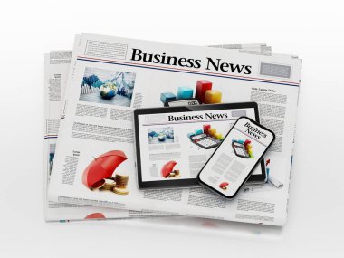 İş gazetesi, akıllı telefon ve tablet bilgisayar. 3d illüstrasyon