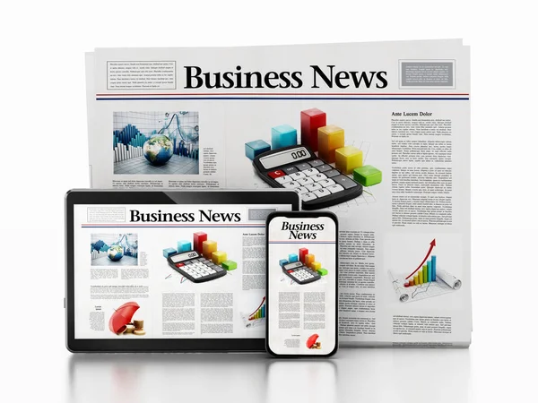 Obchodní noviny, smartphone a tablet PC. 3D ilustrace — Stock fotografie