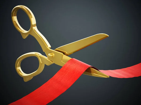 Tesoura dourada cortando fita vermelha. Ilustração 3D — Fotografia de Stock