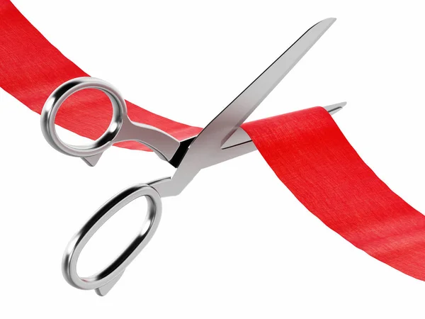 Ciseaux coupant ruban rouge sur fond blanc. Illustration 3D — Photo