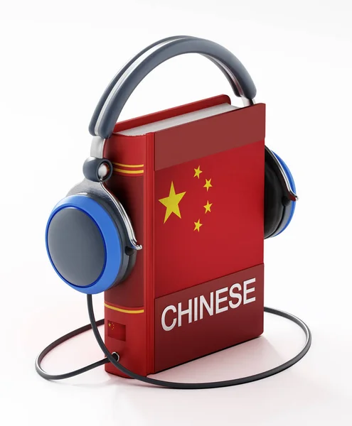 Chinese dictionary with headphones isolated on white background. 3D illustration — Stock Photo, Image