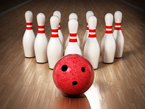 Bowling csapok és piros bowling golyó áll a fa felületen. 3d illusztráció — Stock Fotó