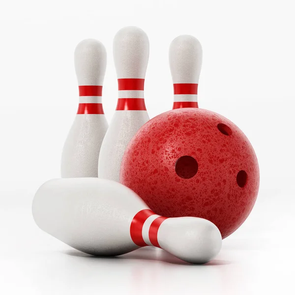 Bowling csapok és piros bowling golyó elszigetelt fehér alapon. 3d illusztráció — Stock Fotó