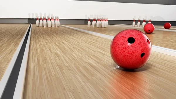 Bowling csapok és piros bowling golyó áll a fa felületen. 3d illusztráció — Stock Fotó