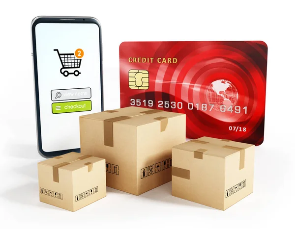 Smartphone, cargo boxes and credit card isolated on white background. 3D illustration