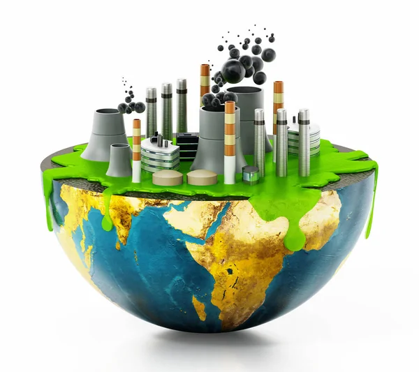 Πυρηνικό εργοστάσιο με καπνοδόχους και πράσινα απόβλητα στη μισή γη. 3D εικονογράφηση — Φωτογραφία Αρχείου