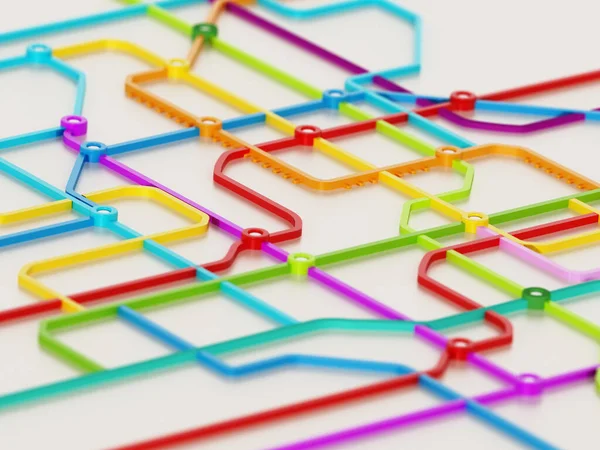 Mapa del metro que consta de líneas de cruce de colores. Ilustración 3D —  Fotos de Stock