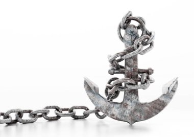 Paslı metal çapa ve zincir beyaz arka planda izole edilmiş. 3d illüstrasyon