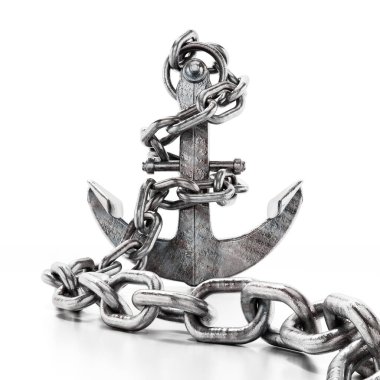 Paslı metal çapa ve zincir beyaz arka planda izole edilmiş. 3d illüstrasyon