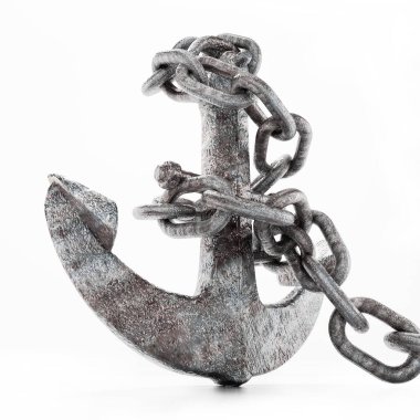Paslı metal çapa ve zincir beyaz arka planda izole edilmiş. 3d illüstrasyon