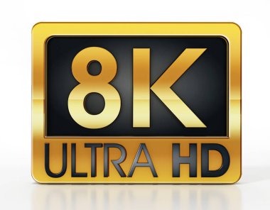 Altın 8K Ultra HD etiketi beyaz arkaplanda izole edildi. 3B illüstrasyon.