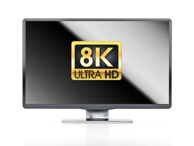Altın 8K Ultra HD etiketli ve yansıtmalı. 3B illüstrasyon.