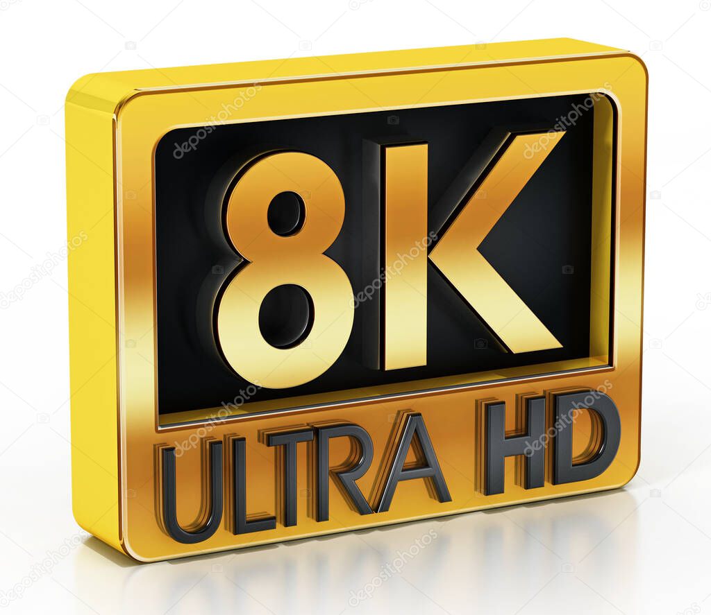 Gold 8K Ultra HD label isolated on white background. 3D illustration.