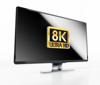 Altın 8K Ultra HD etiketli ve yansıtmalı. 3B illüstrasyon.