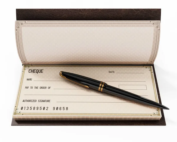 Cheque Book Ink Pen Isolated White Background Illustration — Stock Photo, Image