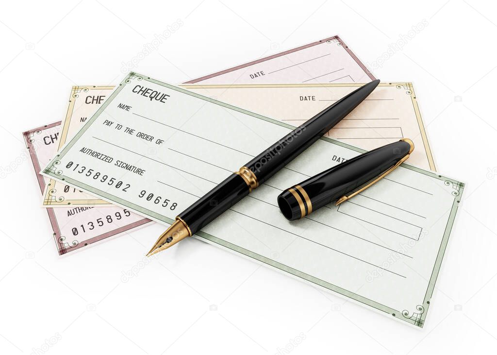 Colored cheques and ink pen isolated on white background. 3D illustration.