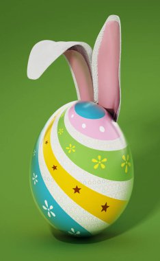 Yeşil arka planda izole edilmiş tavşan kulaklı Paskalya yumurtası. 3B illüstrasyon.