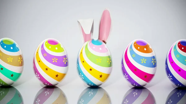 多色のイースターエッグの中にウサギの耳を持つイースターエッグ 3Dイラスト — ストック写真