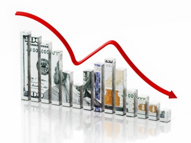 Dolar desenli çubuklar ve düşen ok. 3B illüstrasyon.