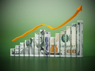 Dolar desenli çubuklar ve yükselen ok. 3B illüstrasyon.