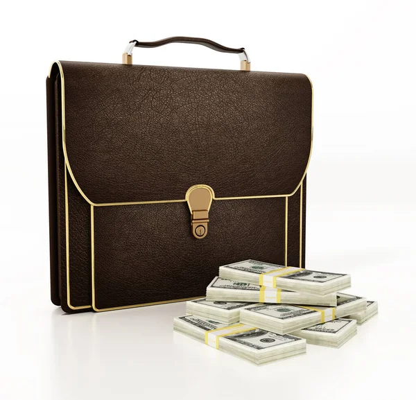 Brown Leather Briefcase Money Isolated White Background Illustration — Stock Photo, Image