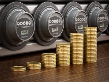Ardı ardına elektrik sayaçlarının önünde yükselen altın sikkeler. 3B illüstrasyon.