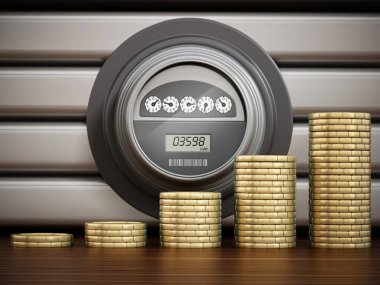 Elektrik sayacının önünde yükselen altın sikkeler. 3B illüstrasyon.