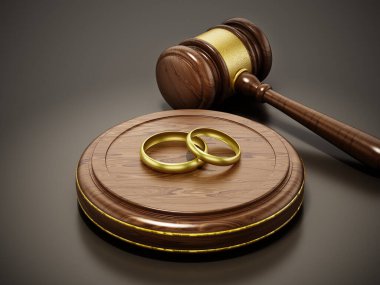 Evlilik yüzükleri ve karanlık arka planda tokmak. 3B illüstrasyon.