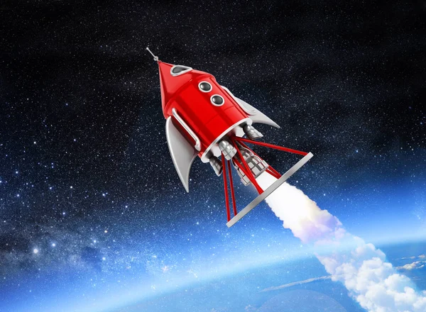 Vintage space rocket leaving the Earth\'s atmosphere. 3D illustration.