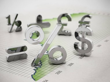 İstatistik grafiğindeki finansal semboller. 3B illüstrasyon.