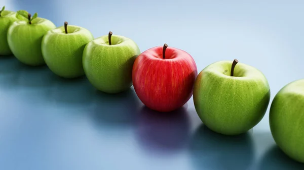 红苹果从绿苹果中脱颖而出 3D插图 — 图库照片