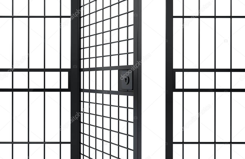 Half open door of a prison cell. 3D illustration.